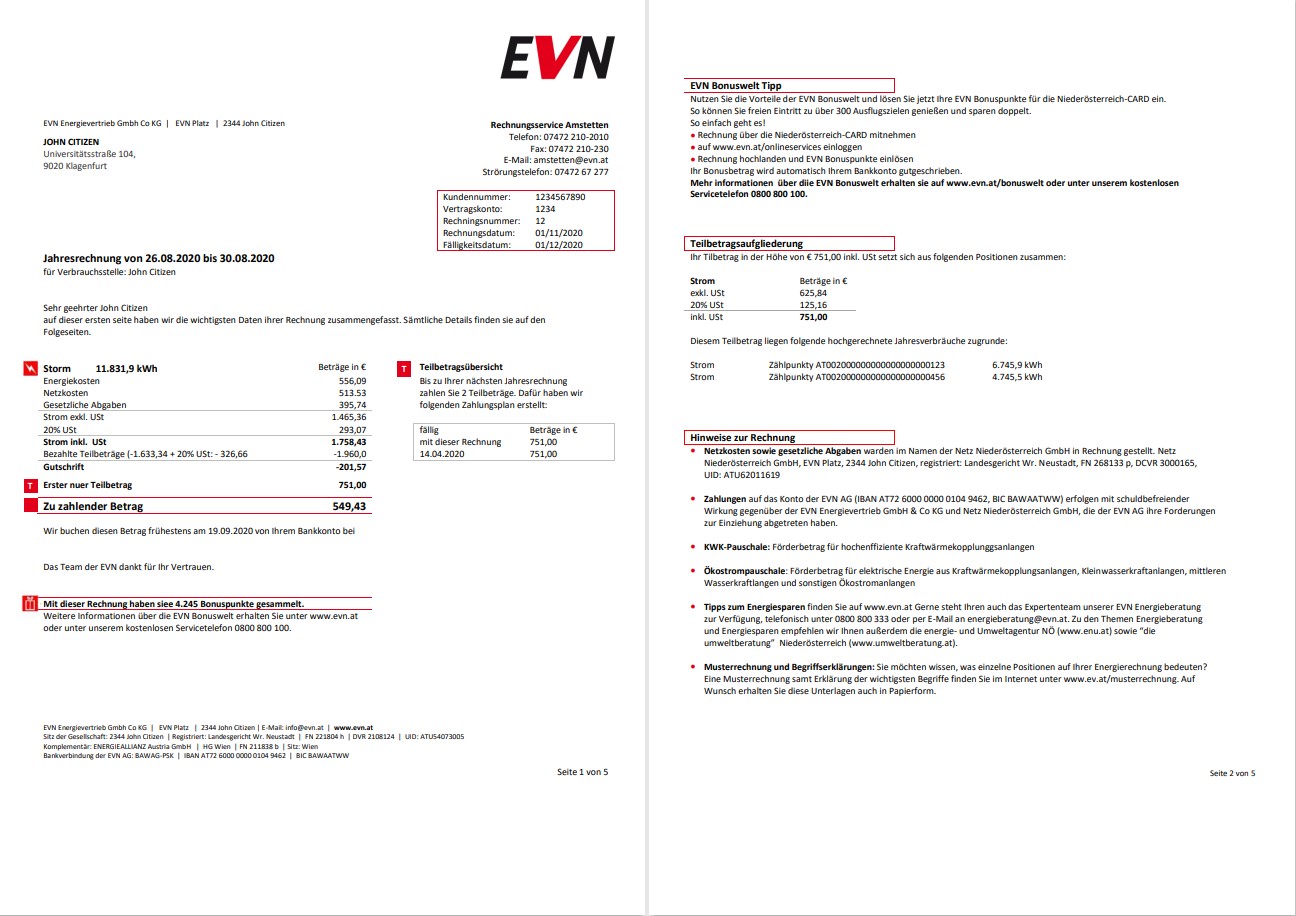 Austria EVN electricity utility bill 5 pages 1 2